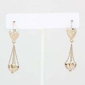 Vintage 8k Yellow Gold Seed Pearl Egg Basket Dangle Earrings